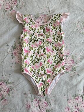 SweetHoney Pink And White Floral Leotard Ruffle Edge Cap Sleeve 4T